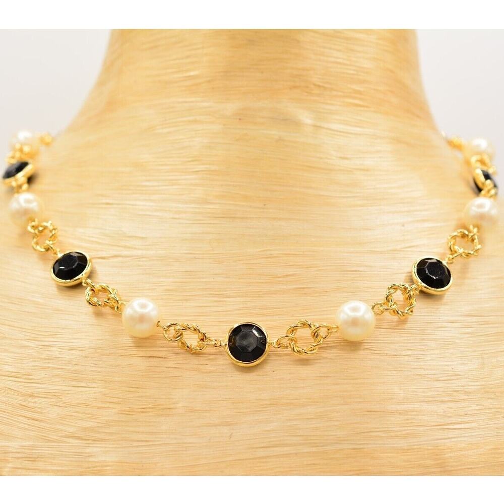 Vintage Pearl Crystal Necklace Chain Open Bezel White Black Gold Station BinI